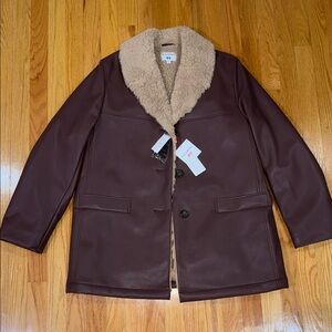 Uniqlo x Ines De La Fressange Brown Faux-Leather Coat with Cream Sherpa Collar